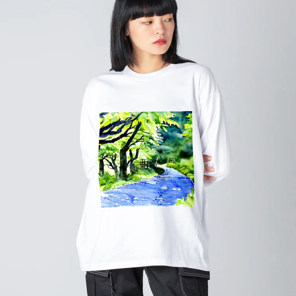 Yossy's Item Factoryの水彩画風新緑の川1 ビッグシルエットロングスリーブTシャツ