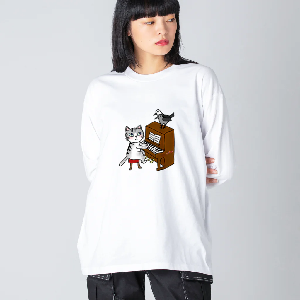 ミナミハチゴーのネコピアノwithヨゲンノトリ ビッグシルエットロングスリーブTシャツ