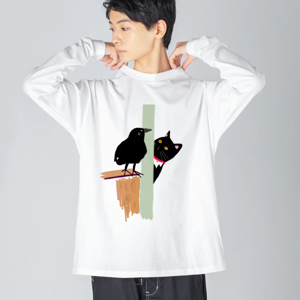 小鳥と映画館のカラスと猫 ビッグシルエットロングスリーブTシャツ