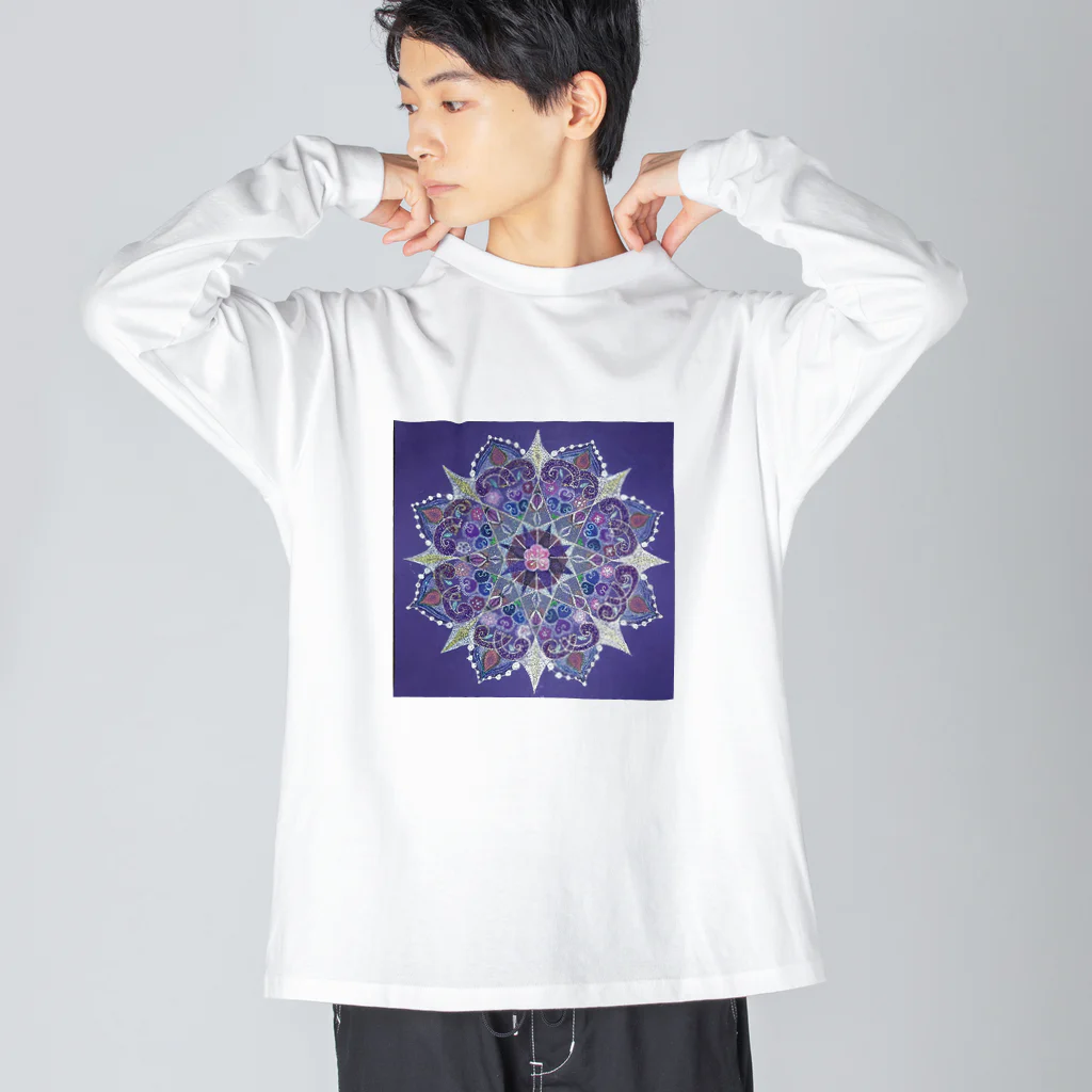 点描曼荼羅の世界の点描曼荼羅桃の花 ビッグシルエットロングスリーブTシャツ