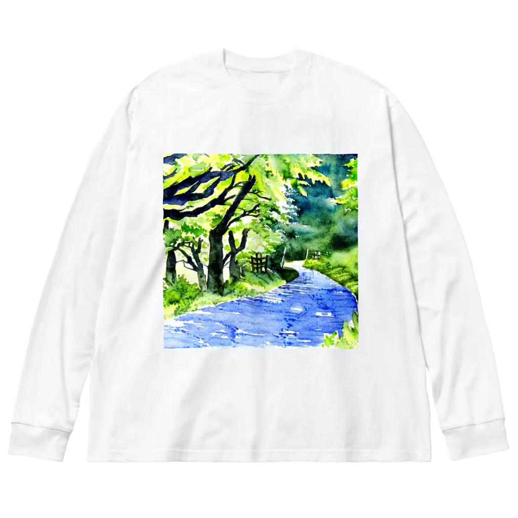 Yossy's Item Factoryの水彩画風新緑の川1 ビッグシルエットロングスリーブTシャツ