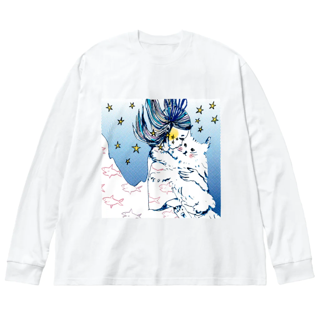 青豹の抱きしめる猫ちゃん ビッグシルエットロングスリーブTシャツ