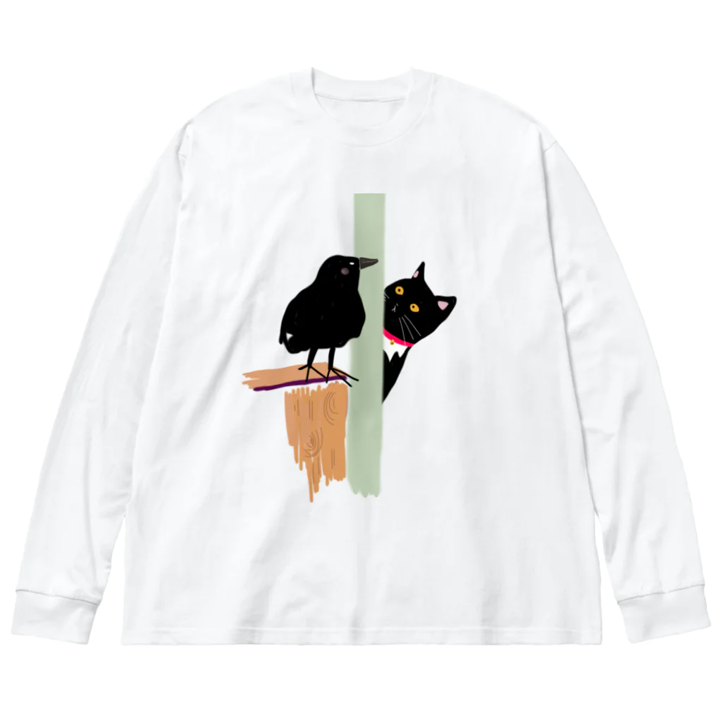 小鳥と映画館のカラスと猫 ビッグシルエットロングスリーブTシャツ