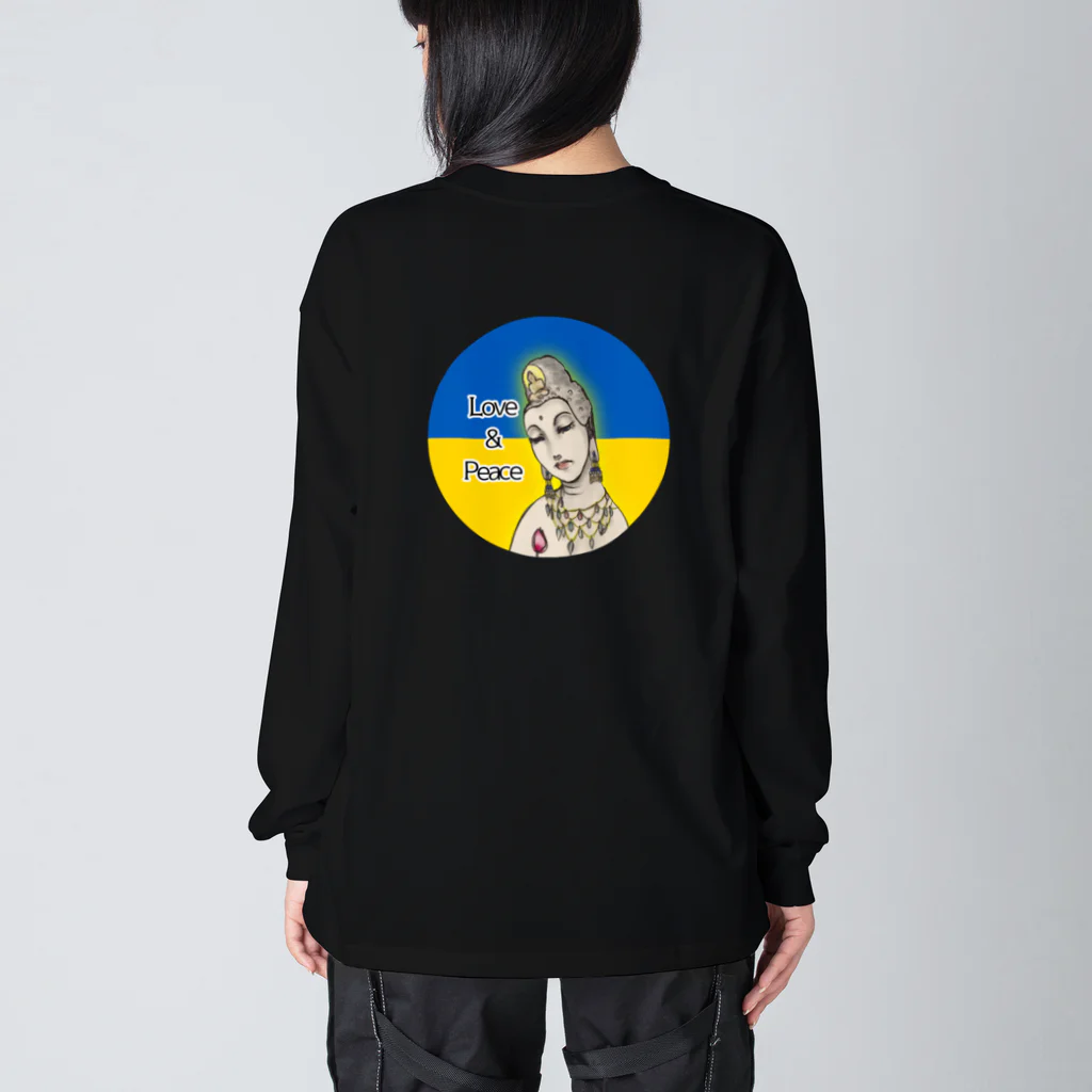 諭苑のSUZURI店のLove＆Peace観世音菩薩ウクライナ国旗背景 Big Long Sleeve T-Shirt