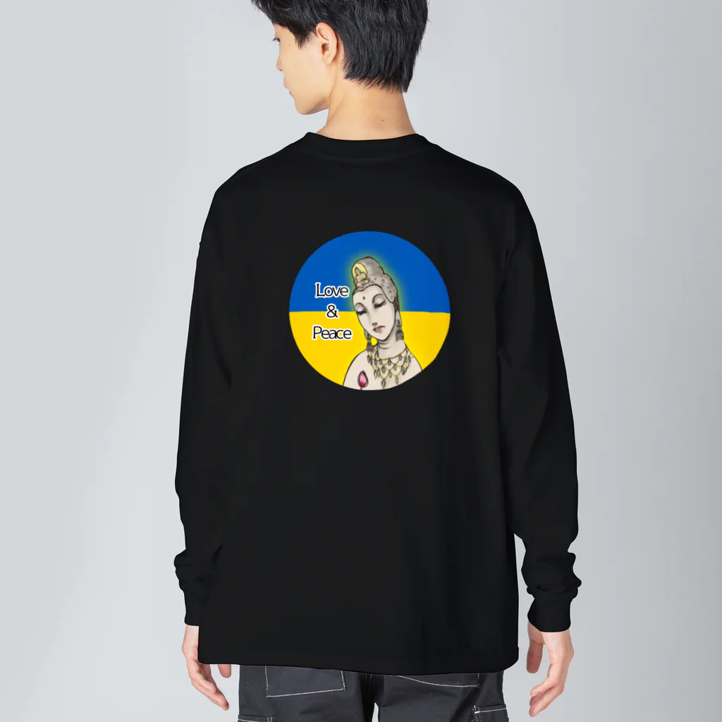 諭苑のSUZURI店のLove＆Peace観世音菩薩ウクライナ国旗背景 Big Long Sleeve T-Shirt