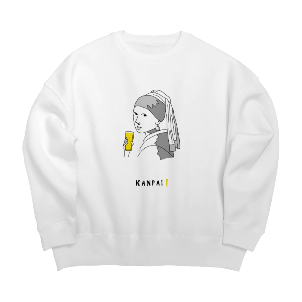 ビールとアート TM-3 Designの名画 × BEER（真珠の耳飾りの少女）黒線画 Big Crew Neck Sweatshirt