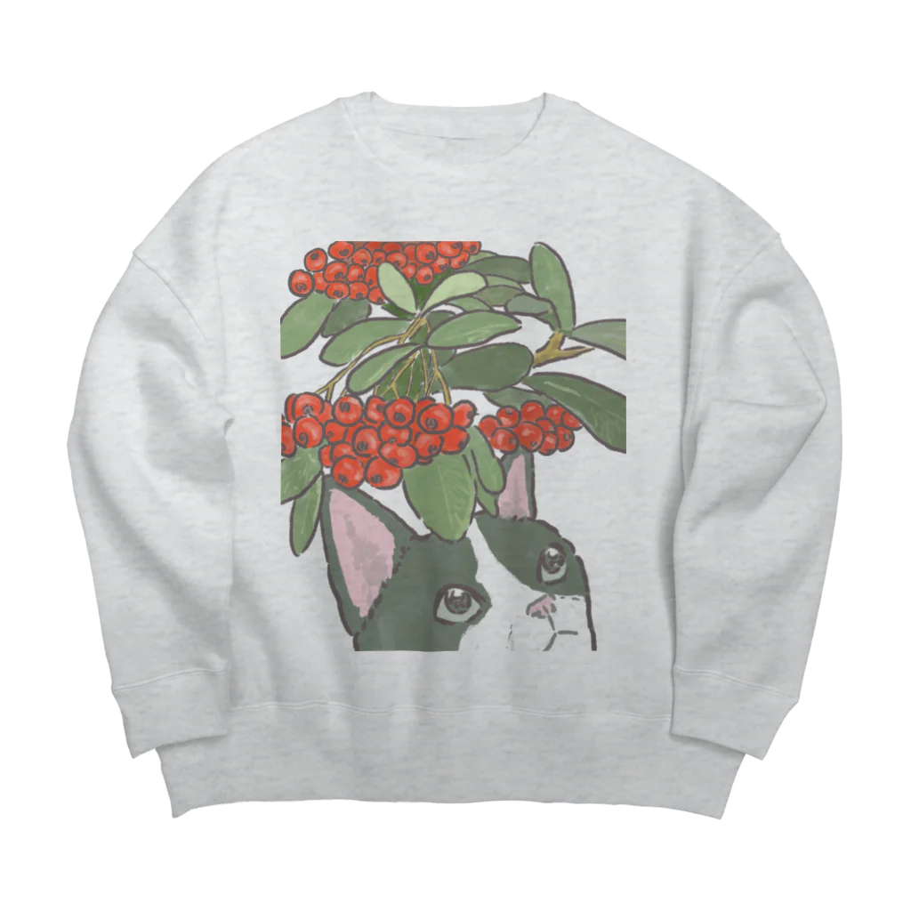 Longsoiのショップのピラカンサとネコ Big Crew Neck Sweatshirt