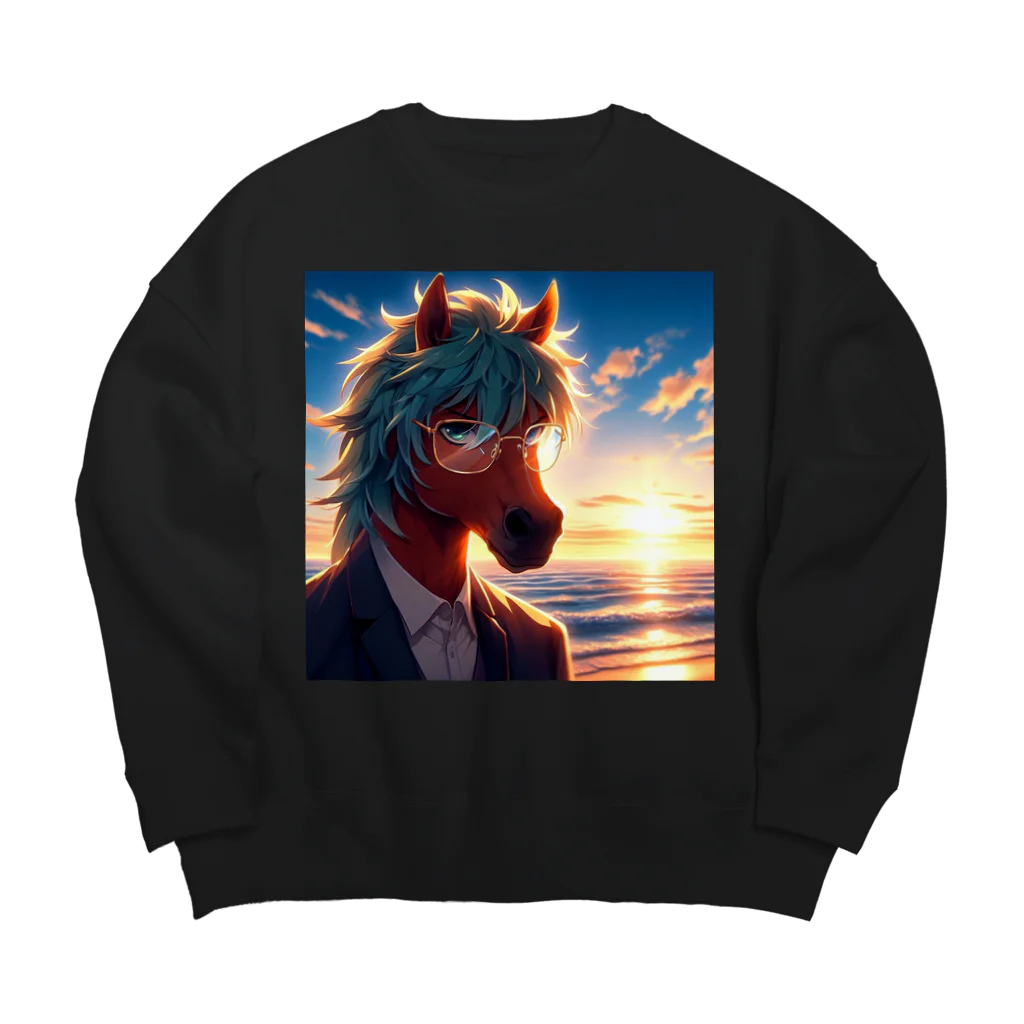 ひよっこなボスの弁護士の馬、夕焼けの浜辺で自撮りする Big Crew Neck Sweatshirt