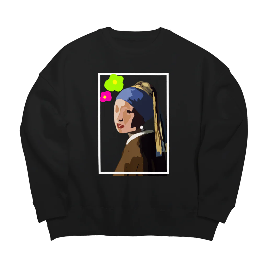 yucataaanの名画プリント　『真珠の耳飾りの少女』 Black Big Crew Neck Sweatshirt