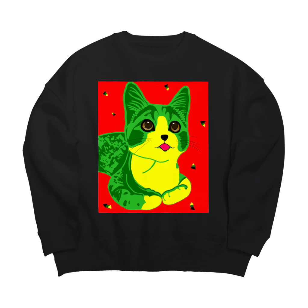 tourbillonの緑と黄色の赤い猫 Big Crew Neck Sweatshirt