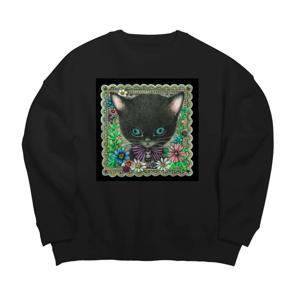 山田雨月shopの黒猫フラワー Big Crew Neck Sweatshirt