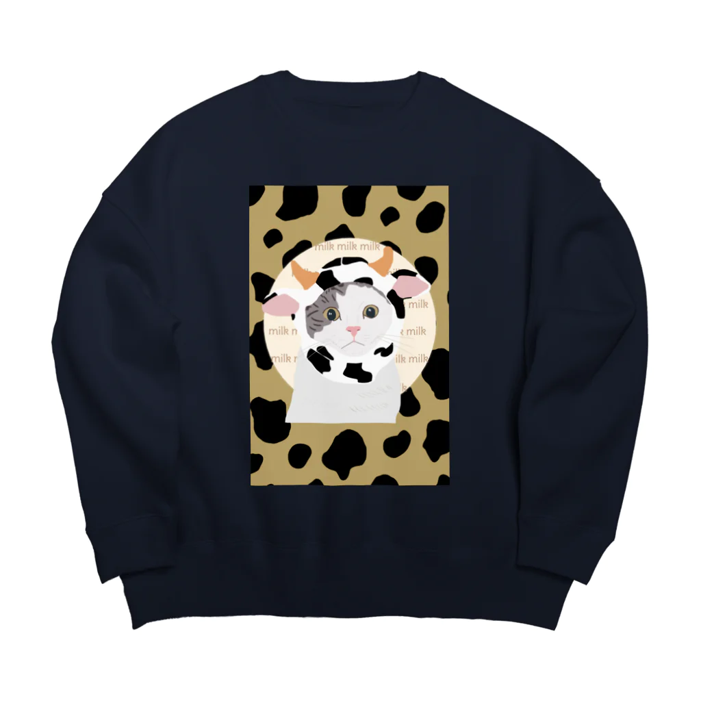 小鳥と映画館の牛柄のネコ 茶 Big Crew Neck Sweatshirt