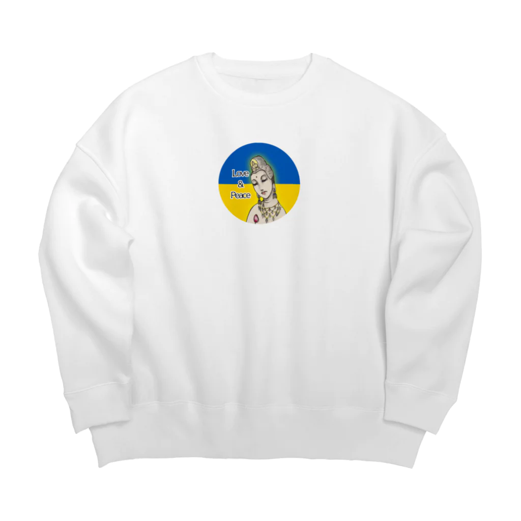 諭苑のSUZURI店のLove＆Peace観世音菩薩ウクライナ国旗背景 Big Crew Neck Sweatshirt