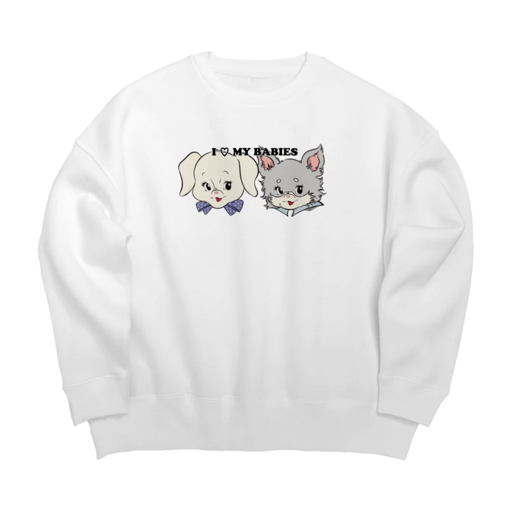 チャリティーグッズ-犬専門デザインのダックスフンド×チワワ-ホワイト・クリーム&ブルーグレー・イザベラタン「I♡ MY BABIES」 Big Crew Neck Sweatshirt