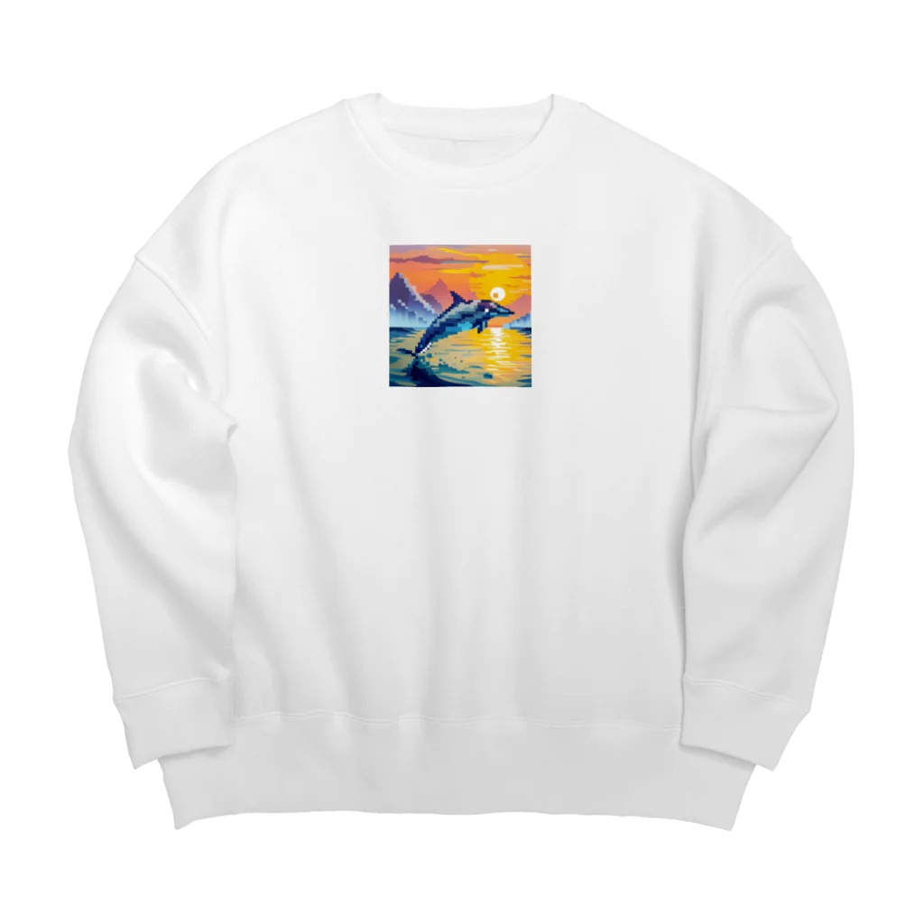 フリーダムの夕暮れの海で跳ねるイルカ　ピクセルアート Big Crew Neck Sweatshirt