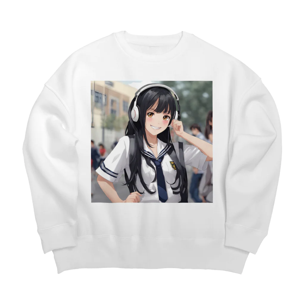 可愛いは正義！の笑顔のセーラー服女子高生　ヘッドフォン Big Crew Neck Sweatshirt