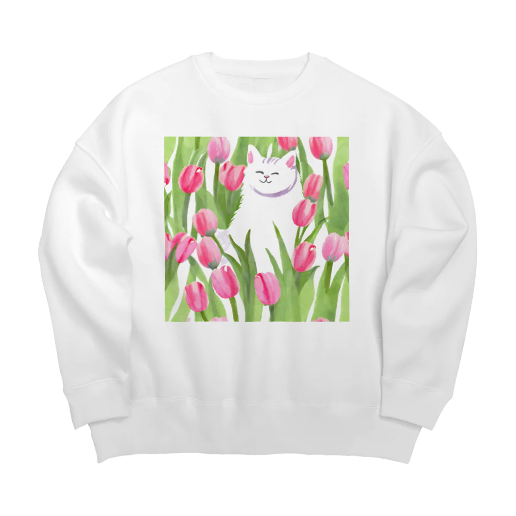 癒しのふわふわ白猫ちゃんのチューリップと白猫ちゃん Big Crew Neck Sweatshirt