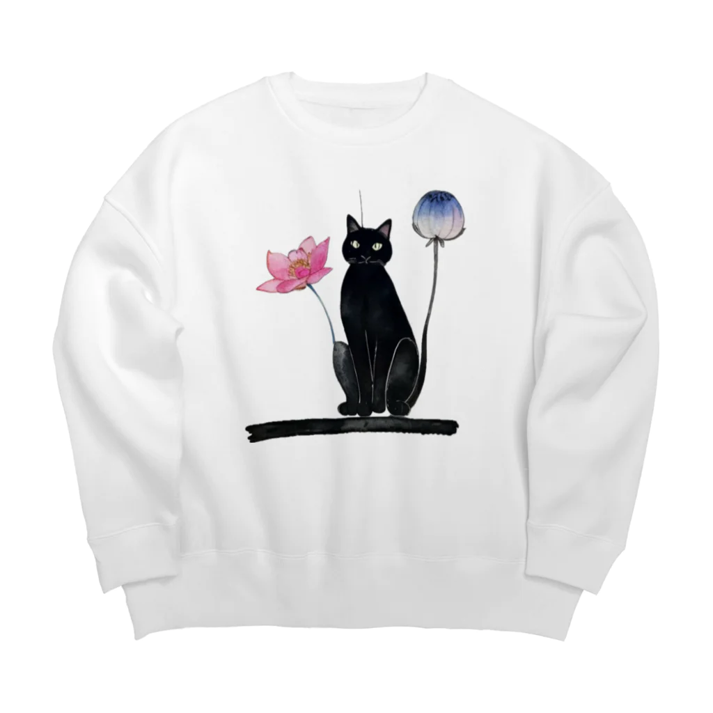 幸運のしっぽの黒猫と花 Big Crew Neck Sweatshirt