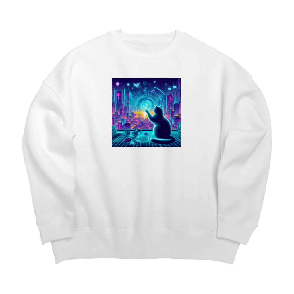 ニャーちゃんショップのサイバー都市でホログラフィックな街並みを楽しむネコ Big Crew Neck Sweatshirt