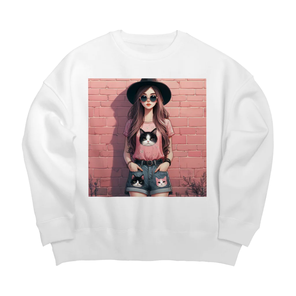 SaltyCookie Design Worksの猫好きの女の子のファッション(1) Big Crew Neck Sweatshirt