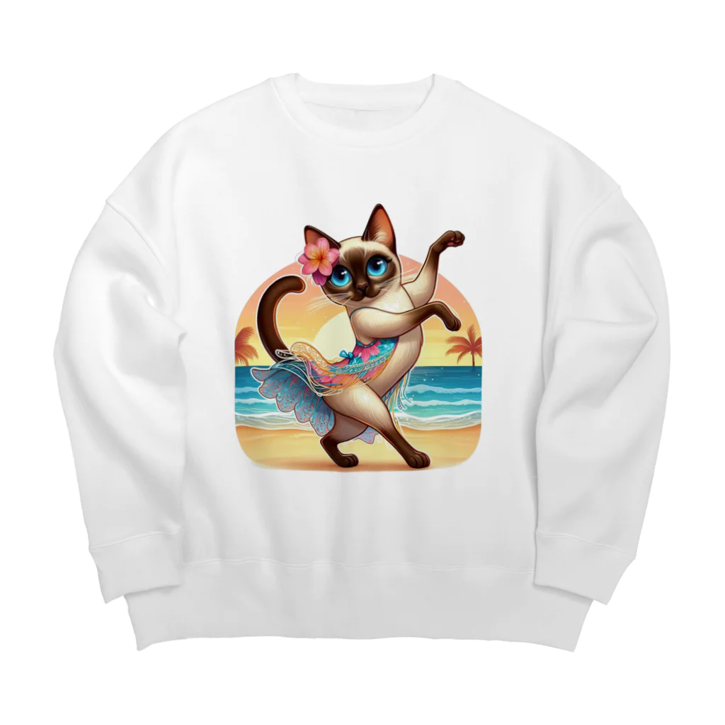 猫と紡ぐ物語のリズム感抜群！長身な白シャムネコがビーチでランバダダンス！  Big Crew Neck Sweatshirt