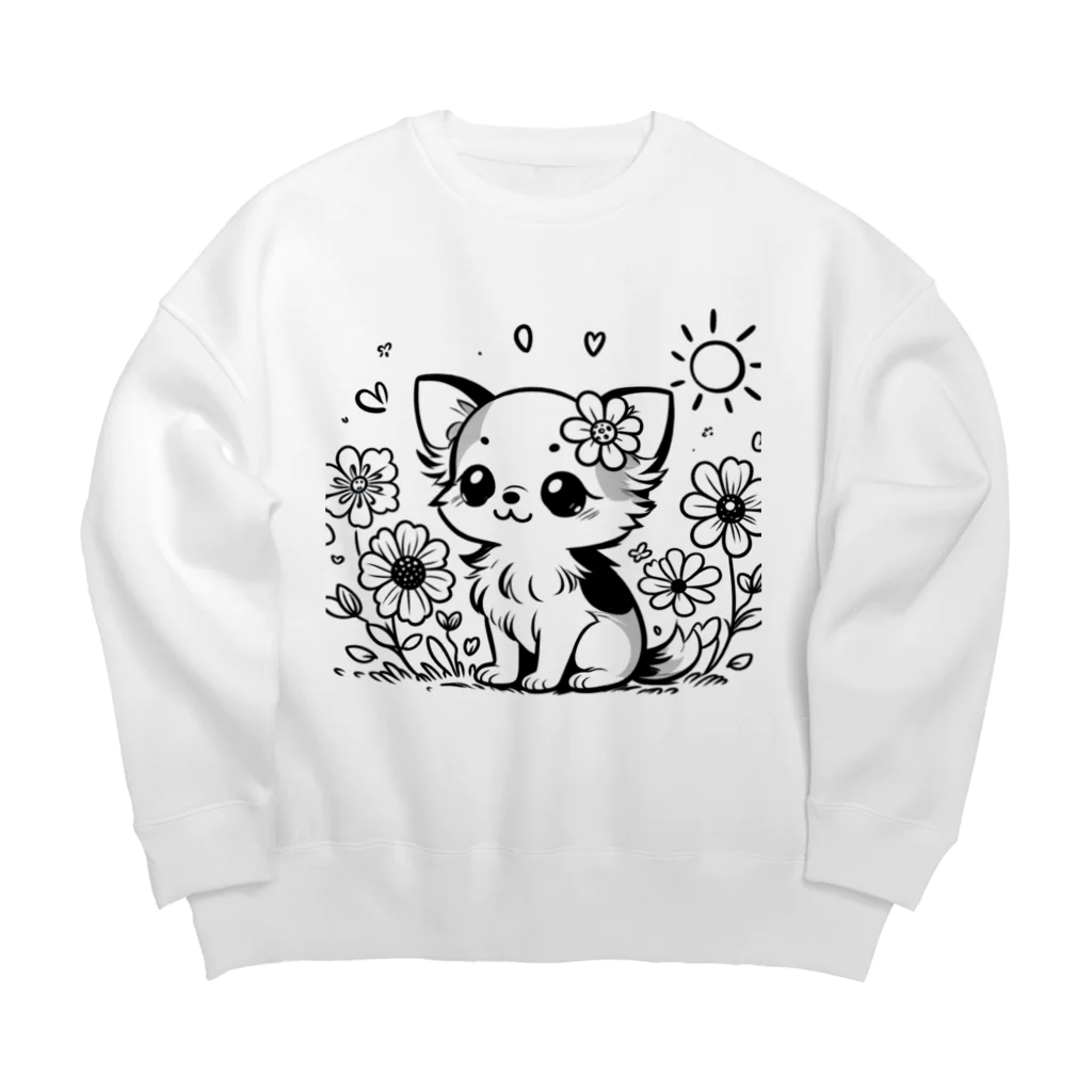 くつろぎ堂☆ネコにゃん☆イヌわんの**お花の子犬のチワワ**モノクロ Big Crew Neck Sweatshirt