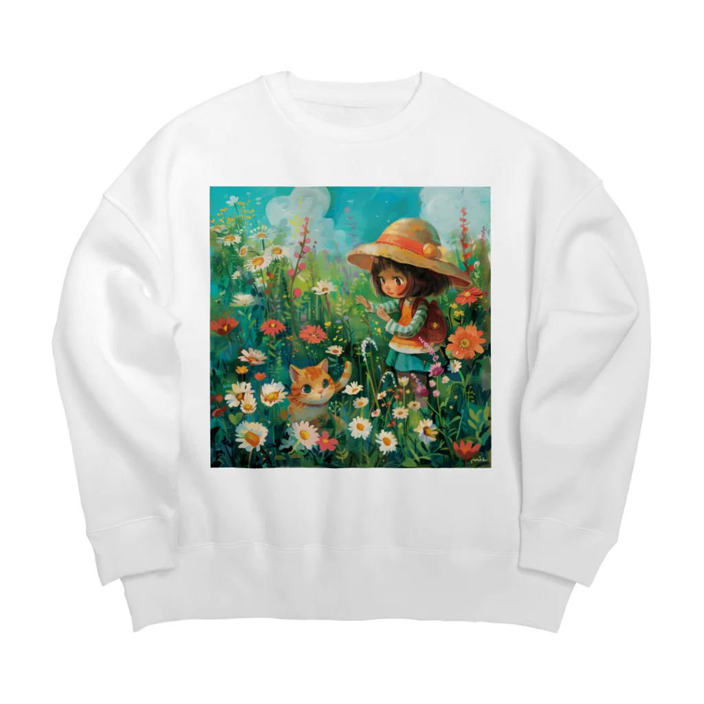 AQUAMETAVERSEのお花畑に囲まれる猫ちゃんと私 アメジスト 2846 Big Crew Neck Sweatshirt