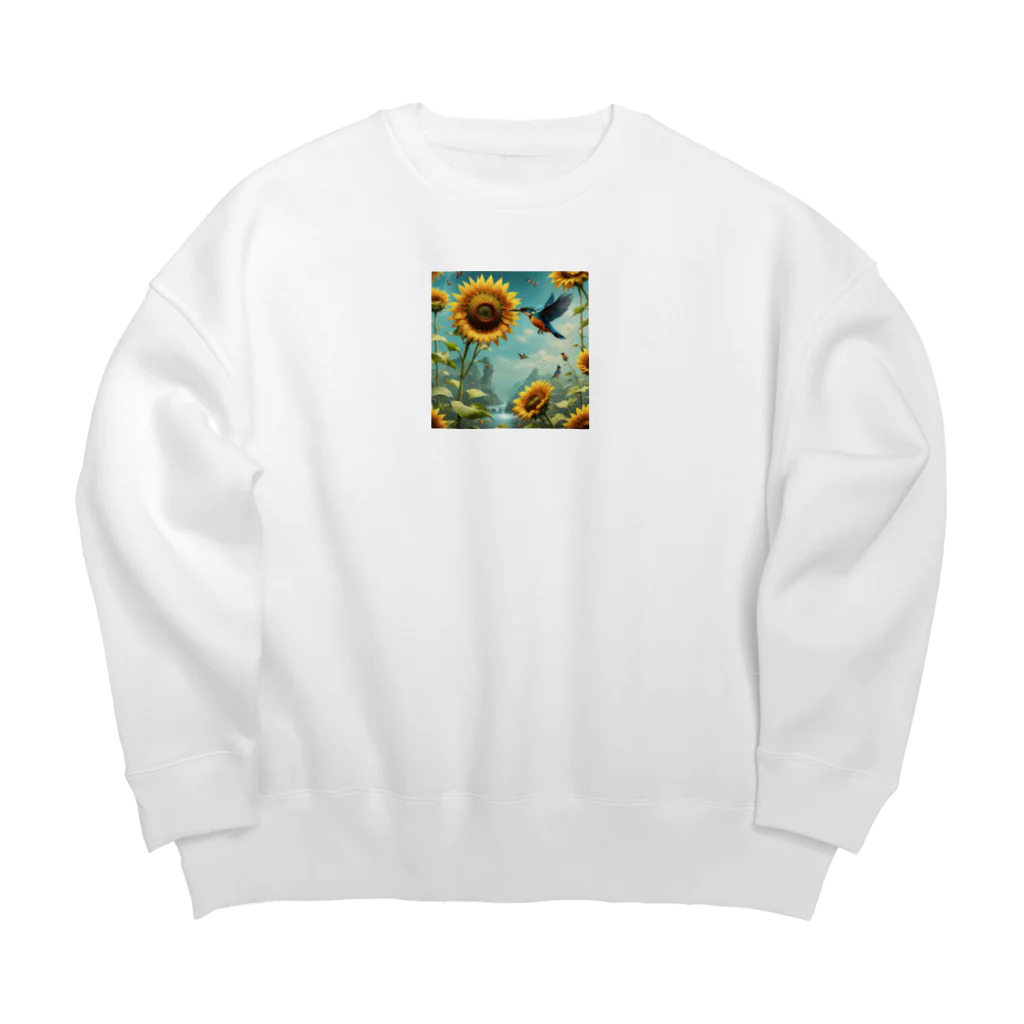 Sunbathingのヒマワリと羽ばたくカワセミ Big Crew Neck Sweatshirt