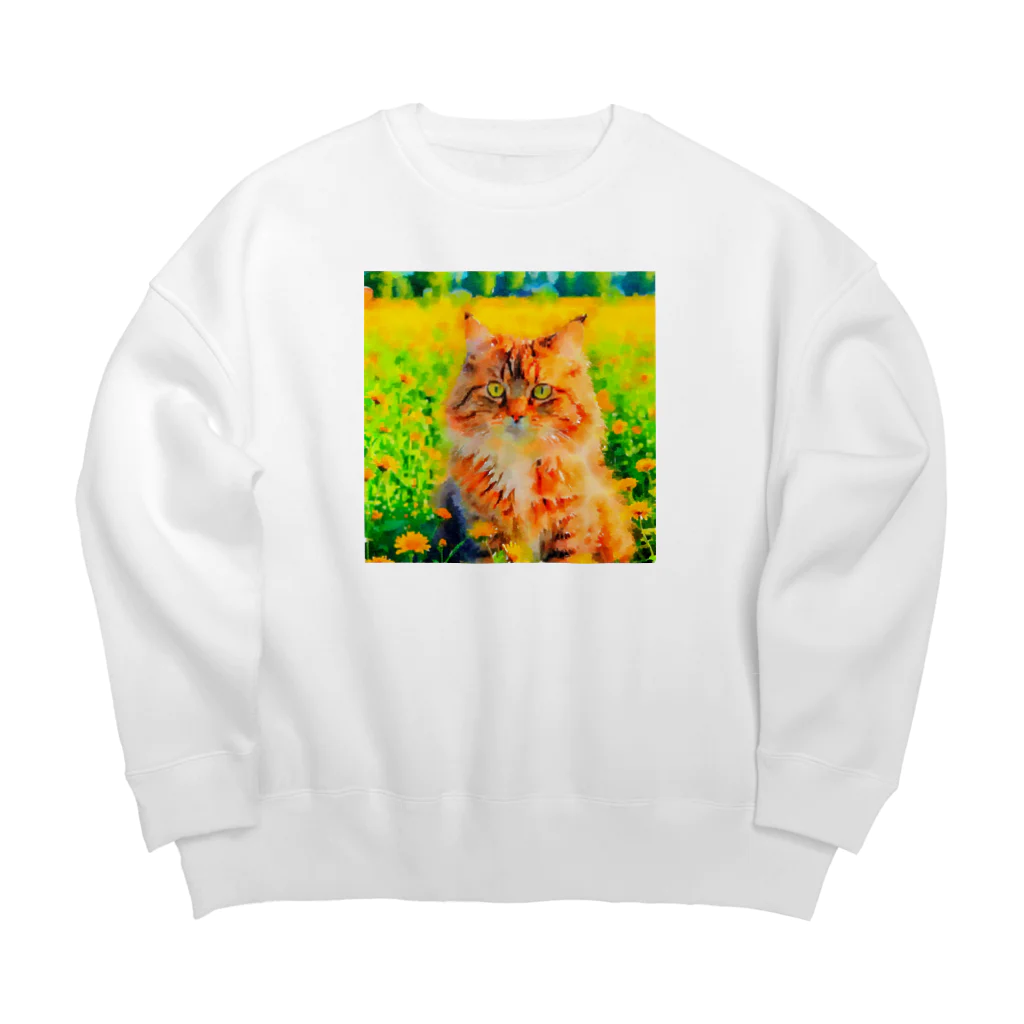 猫好きの谷の猫の水彩画/花畑のサイベリアンねこのイラスト/キジトラネコ Big Crew Neck Sweatshirt