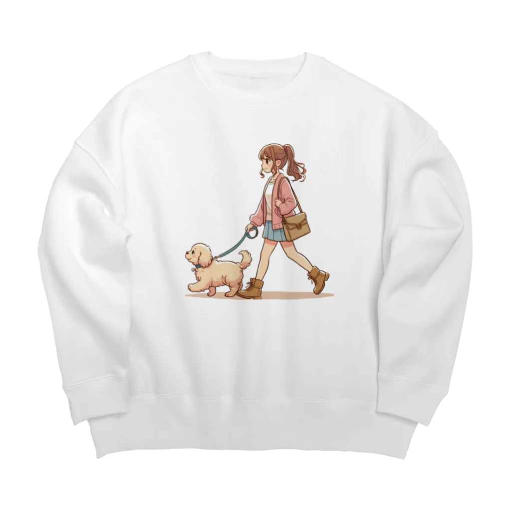 南国のかわいい犬と散歩をする女性 Big Crew Neck Sweatshirt