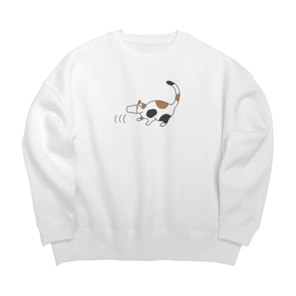 ざわ屋の紙コップから頭が抜けず後ずさりする猫 Big Crew Neck Sweatshirt