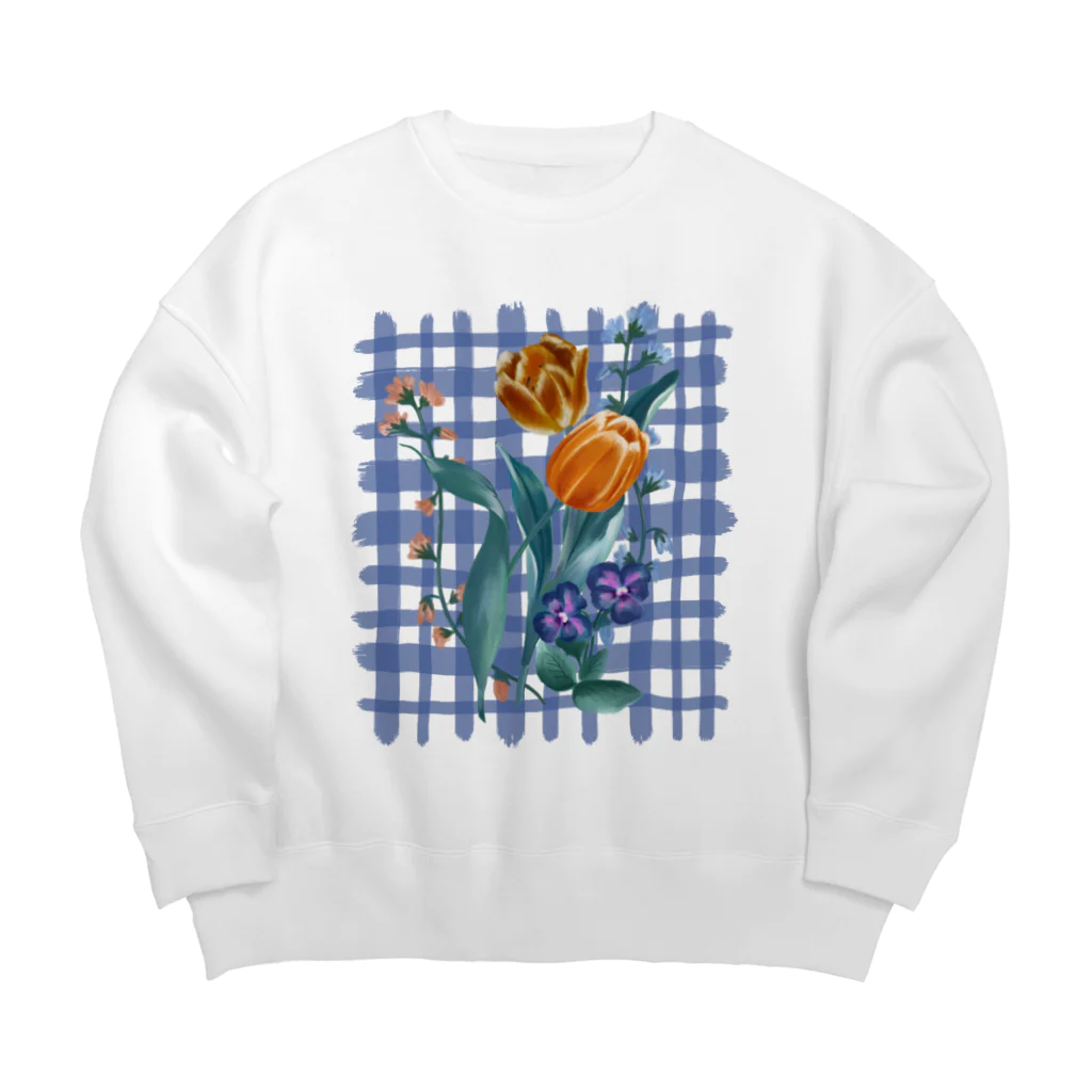 chabiのflower check/blue Big Crew Neck Sweatshirt