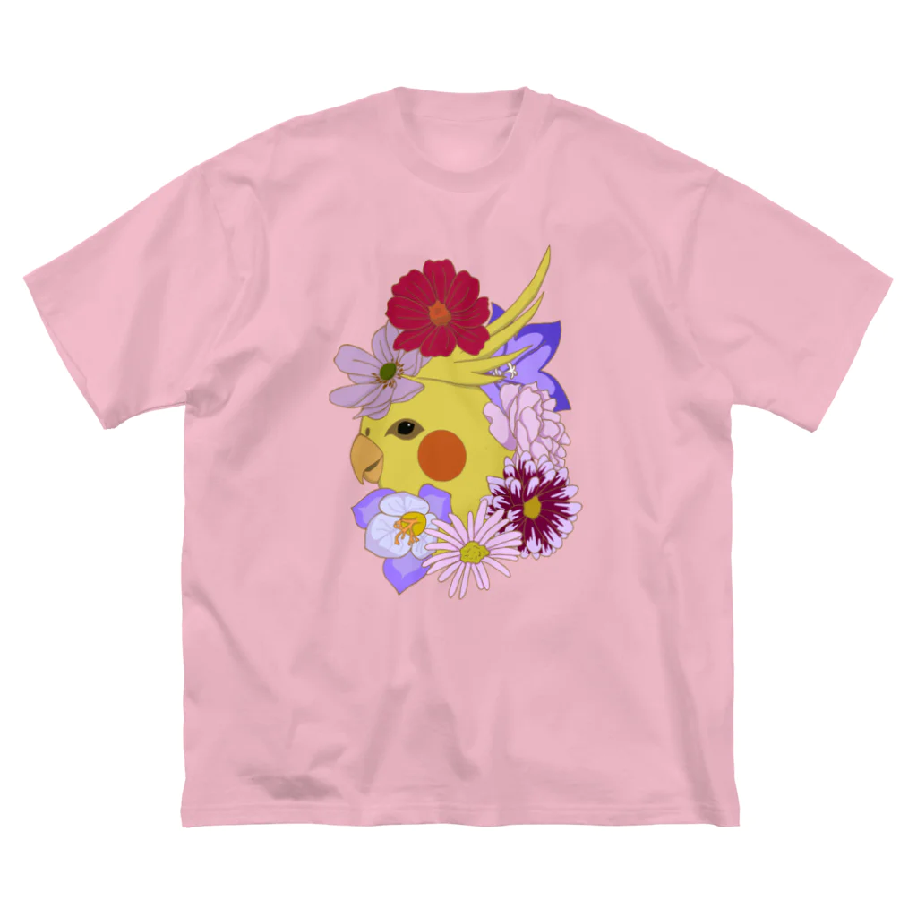 prunelleのインコと花 ビッグシルエットTシャツ