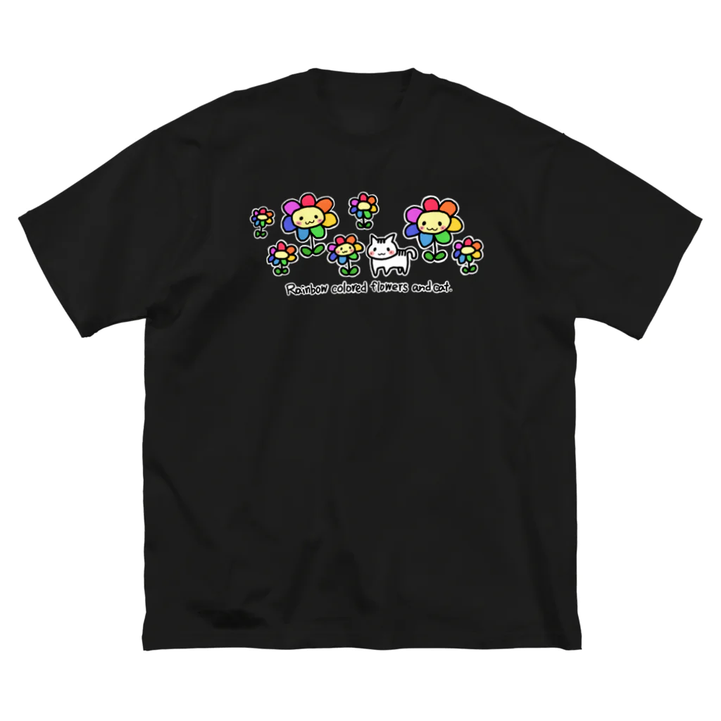 ピンキーハウスの虹色の花と猫（フチあり） ビッグシルエットTシャツ