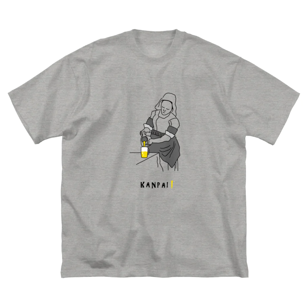 ビールとアート TM-3 Designの名画 × BEER（牛乳を注ぐ女）黒線画 ビッグシルエットTシャツ