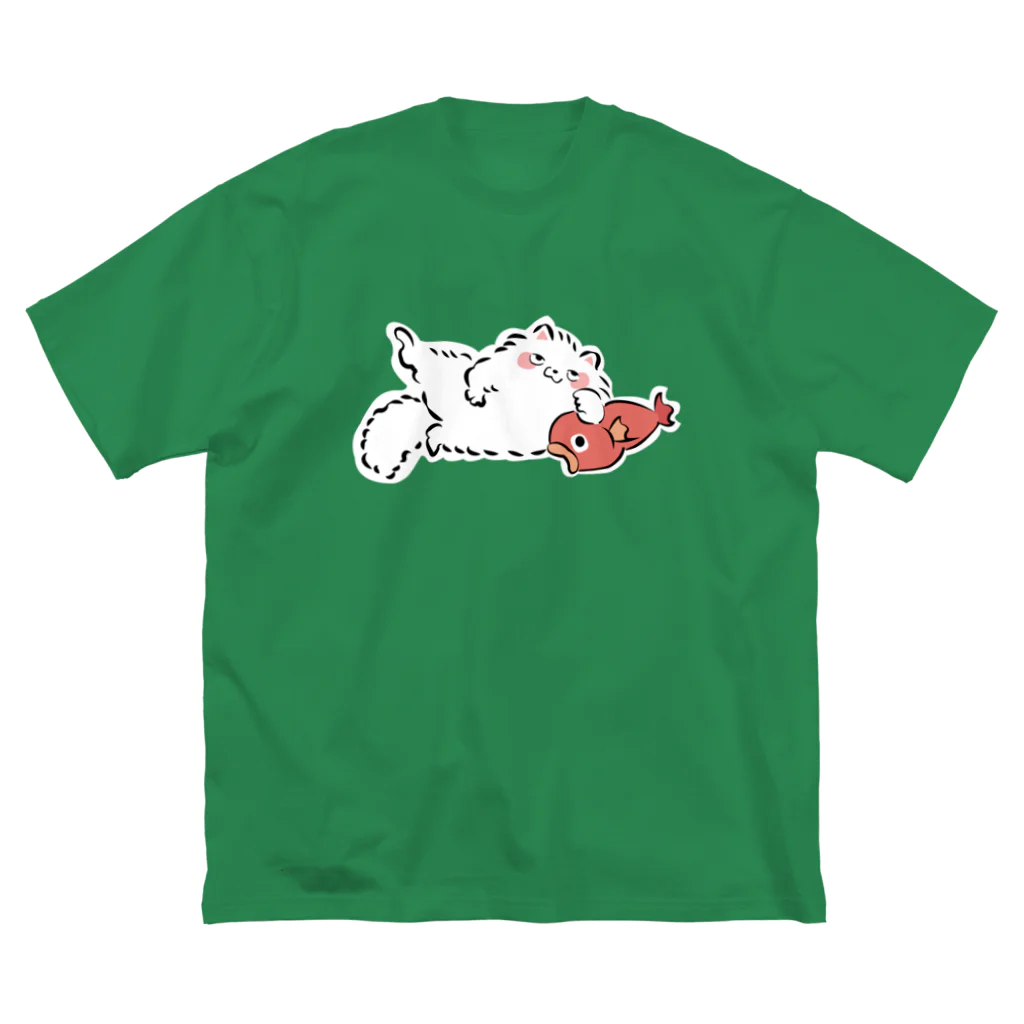 ふんわり本舗のしろねこ（with 魚） ビッグシルエットTシャツ