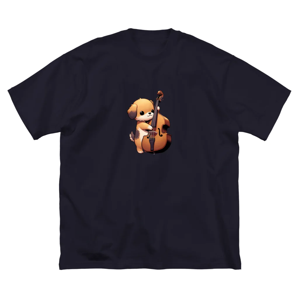 吹奏楽デザインのコントラバス犬 ビッグシルエットTシャツ