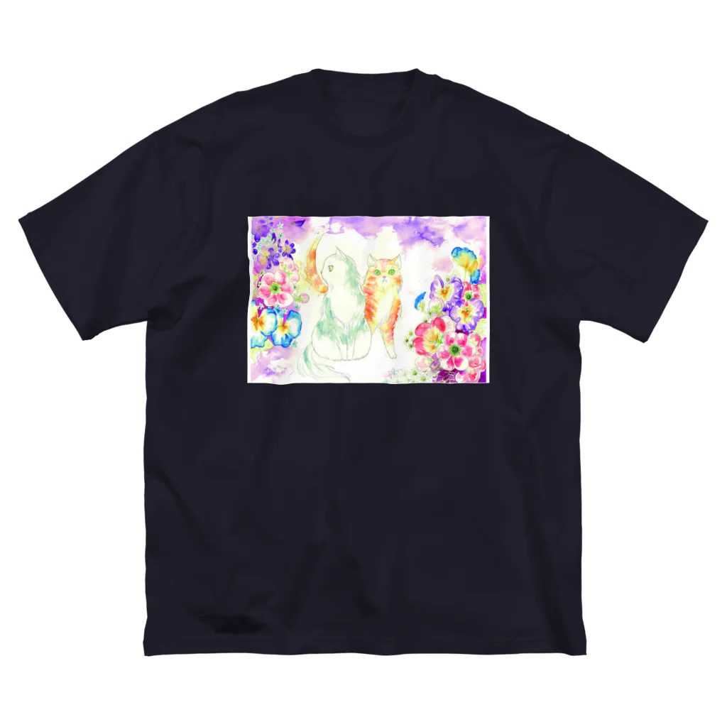 un d'amocitineのねことお花の絵 ビッグシルエットTシャツ