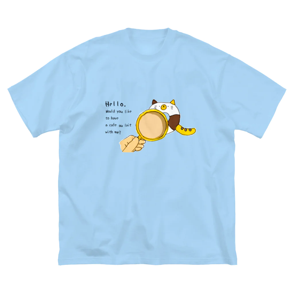 Hokkori donut coasterのグッズ遊びの一緒にカフェオレ飲まない？/シマ三毛猫さん ビッグシルエットTシャツ