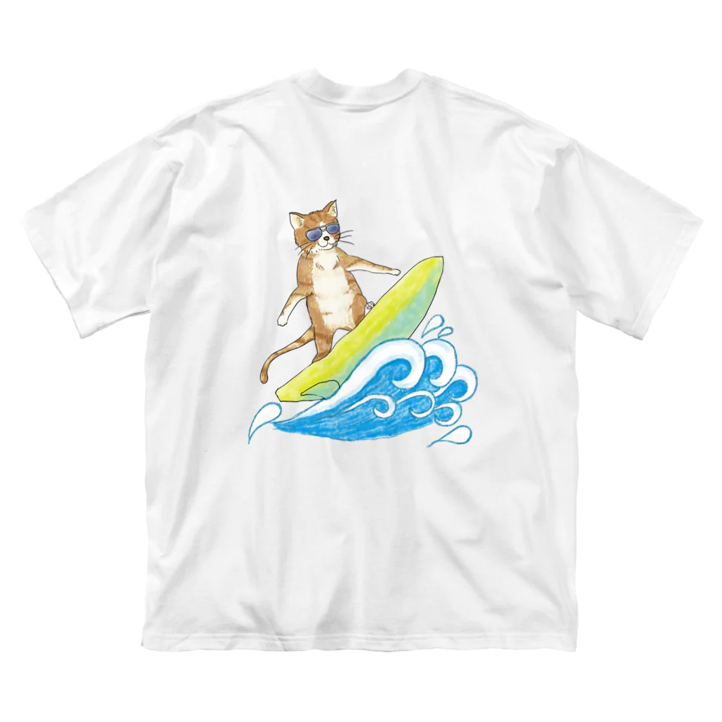 水色気分の猫のサーフィン(水彩ver.) ビッグシルエットTシャツ