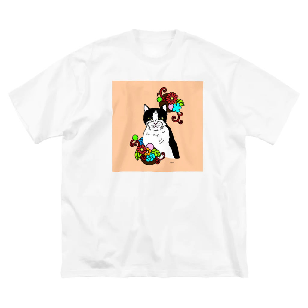greetenのハチワレ猫と花　カラフル ビッグシルエットTシャツ
