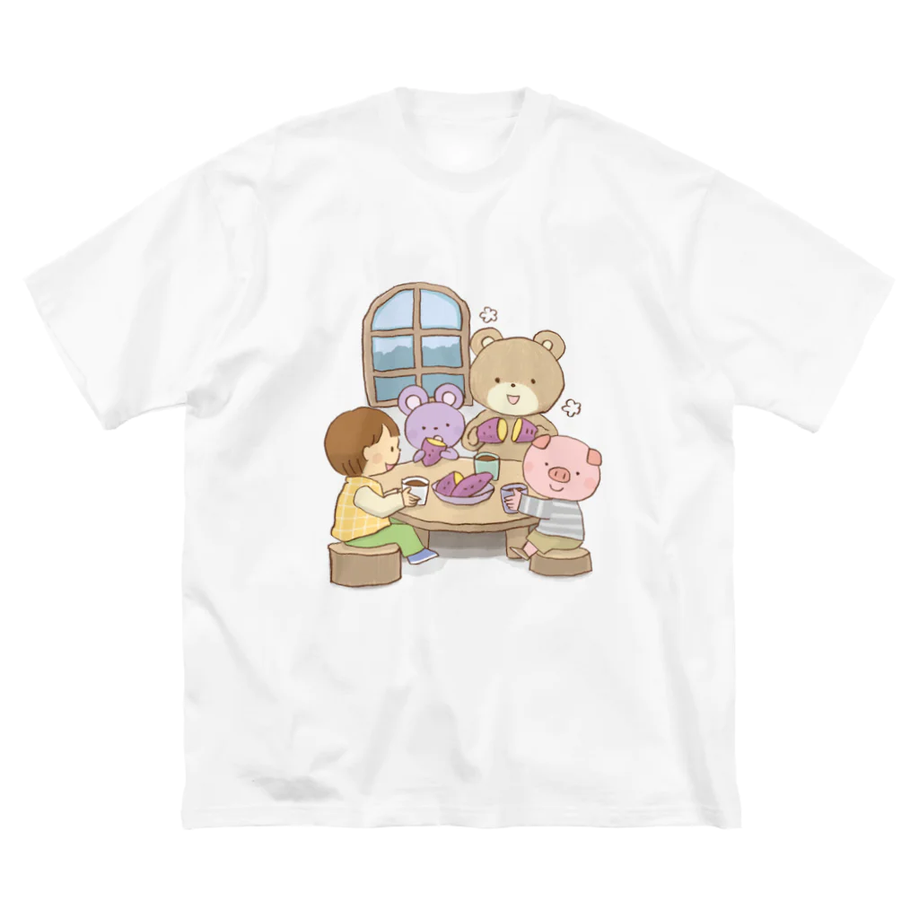 子供と動物のイラスト屋さん｜イラストグッズのお店のお芋を食べてお茶を飲む子供と動物たちのイラスト Big T-Shirt