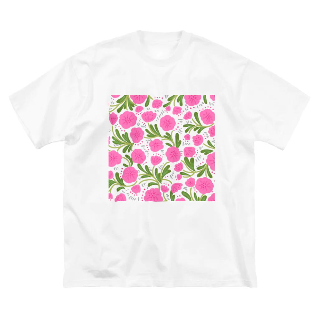 Katie（カチエ）の手描きの花柄（ピンク） ビッグシルエットTシャツ