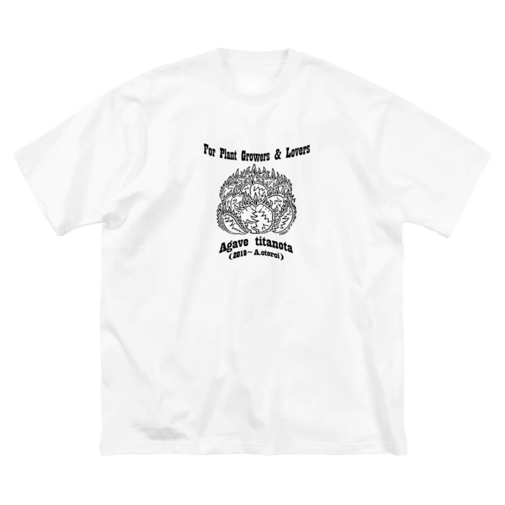 ROUKAの【Agave titanota Classic】前面・黒柄 ビッグシルエットTシャツ