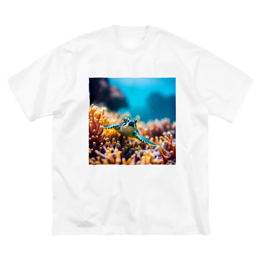 光るハイビスカスの珊瑚と亀 ビッグシルエットTシャツ