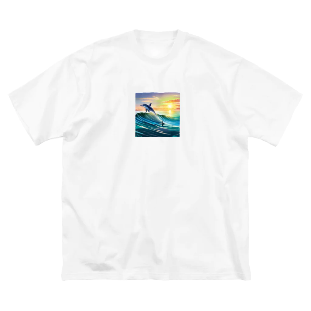 itacyoko(AIイラスト屋)の夕暮れで飛ぶイルカ ビッグシルエットTシャツ