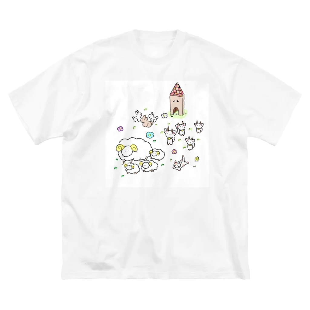 幸せの青い薔薇のぼくじょうのどうぶつ ビッグシルエットTシャツ