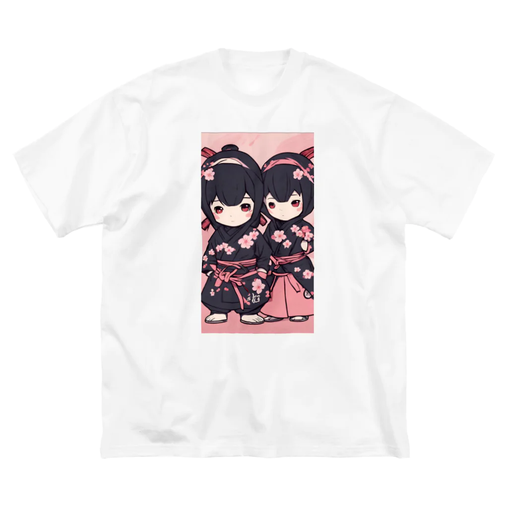 ニンニン忍者パンの桜柄の忍者服を身にまとうキュートな忍者イラスト ビッグシルエットTシャツ