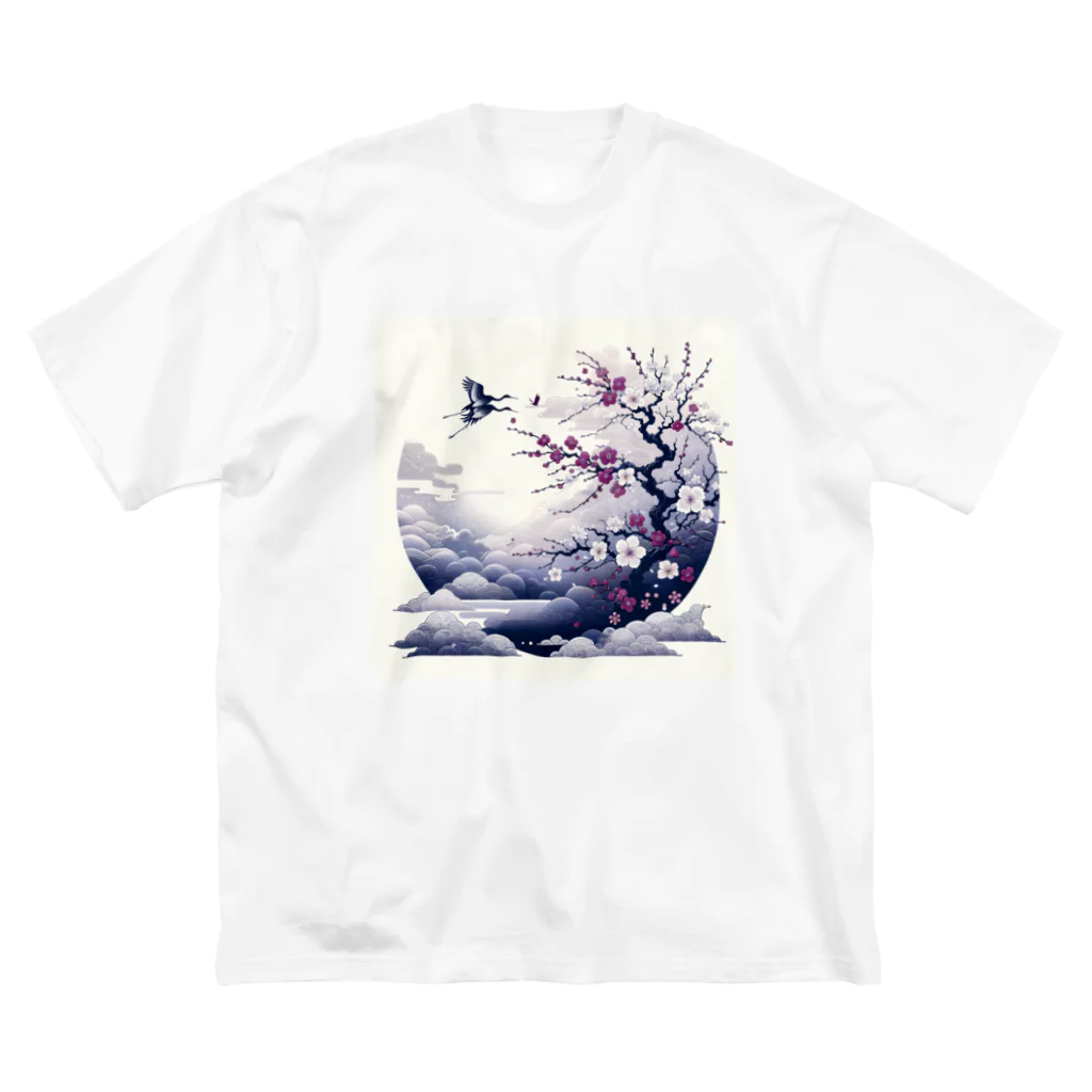 raio-nの白背景の和風夜景 - 月と梅と鶴 ビッグシルエットTシャツ