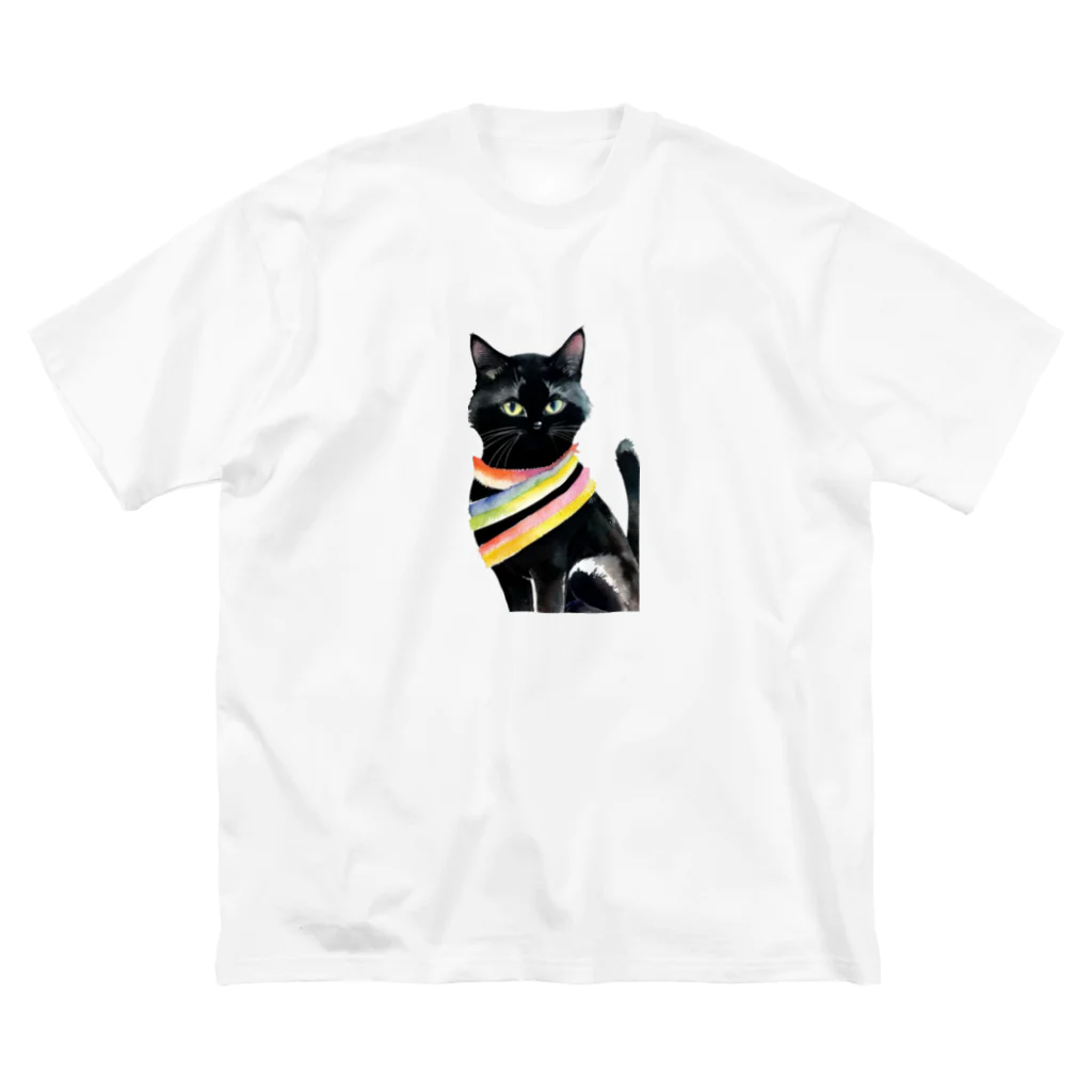 幸運のしっぽの黒猫と虹の首輪 ビッグシルエットTシャツ